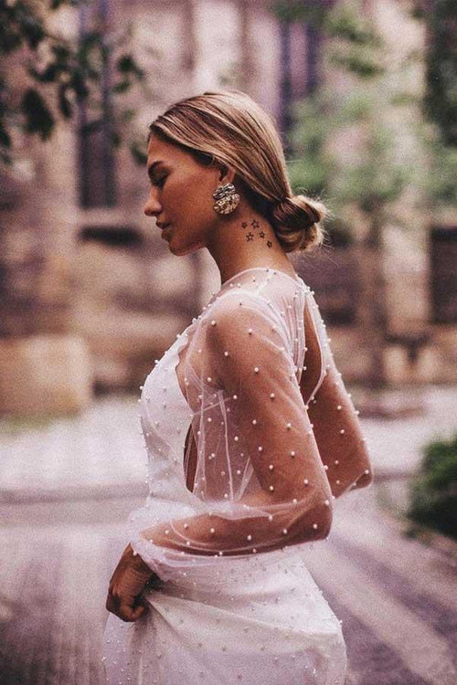 Vestido de novia de tul transparente con corte en A y manga larga, color perla WD336