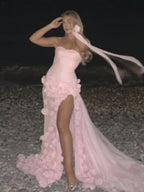 Vestido de fiesta sexy de corte A con escote en forma de corazón, sin mangas, con abertura en el pecho y flores rosas
