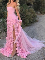 Vestido de fiesta sexy de corte A con escote en forma de corazón, sin mangas, con abertura en el pecho y flores rosas