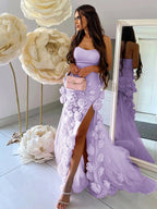 Vestido de fiesta sexy de corte A con escote en forma de corazón, sin mangas, con abertura en el pecho y flores rosas
