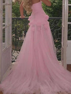 Vestido de fiesta sexy de corte A con escote en forma de corazón, sin mangas, con abertura en el pecho y flores rosas