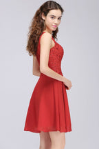 Vestidos de fiesta cortos de gasa roja con corte en A y apliques de encaje