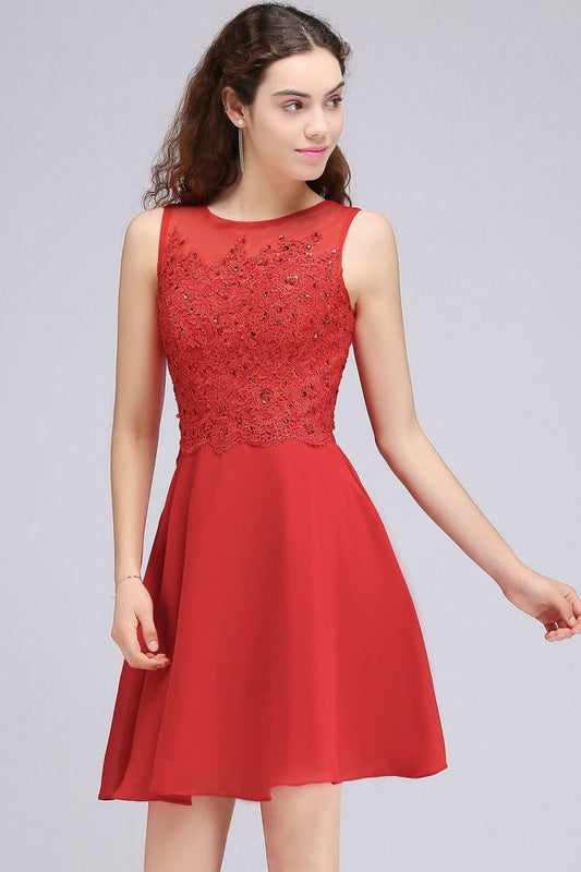 Vestidos de fiesta cortos de gasa roja con corte en A y apliques de encaje