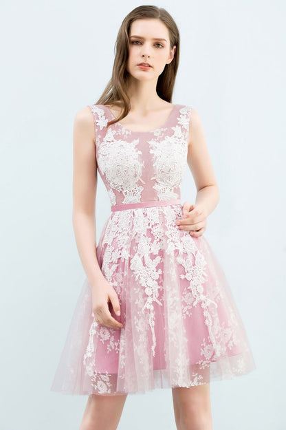 Vestidos de fiesta de tul con apliques de encaje, sin mangas, con corte A y cuello redondo