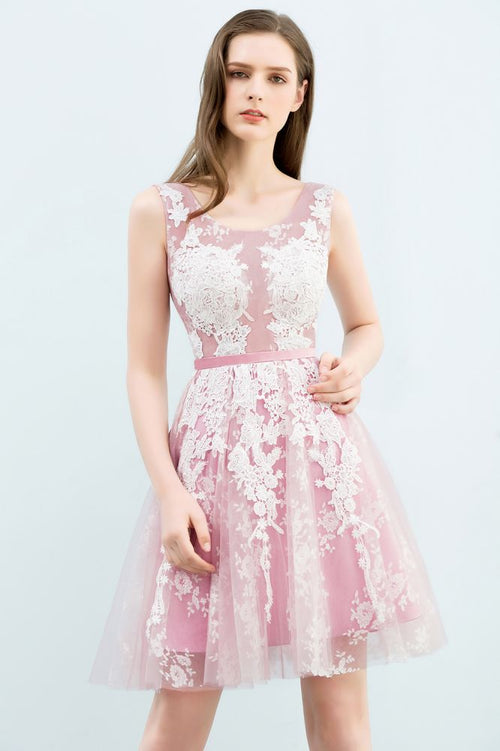 Vestidos de fiesta de tul con apliques de encaje, sin mangas, con corte A y cuello redondo