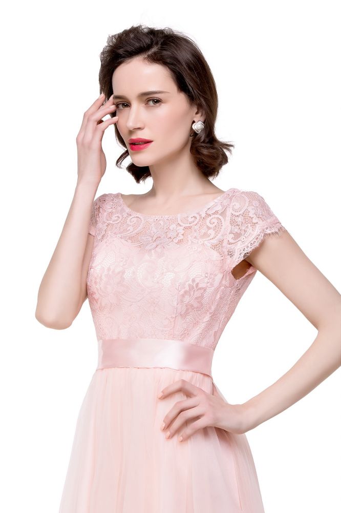 Vestidos de dama de honor de gasa con mangas cortas y corte en A con lazo de cinta