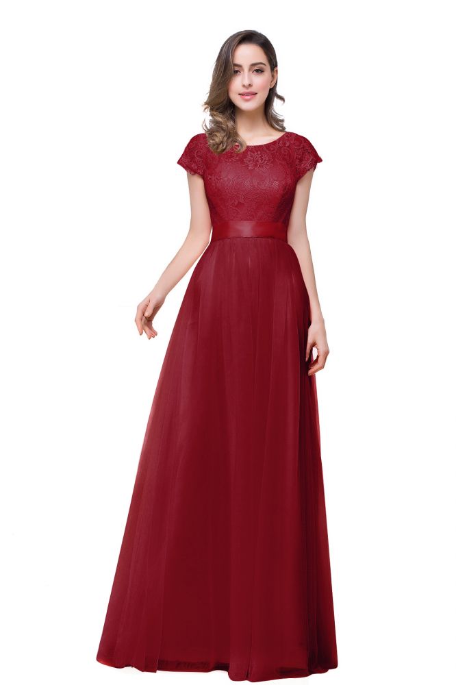 Vestidos de dama de honor de gasa con mangas cortas y corte en A con lazo de cinta