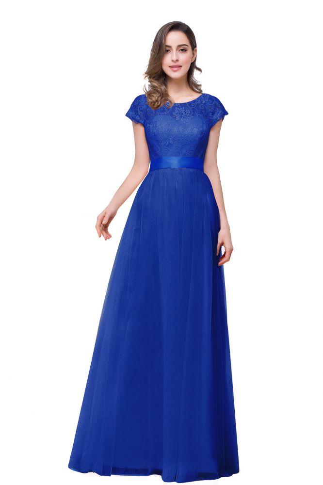 Vestidos de dama de honor de gasa con mangas cortas y corte en A con lazo de cinta