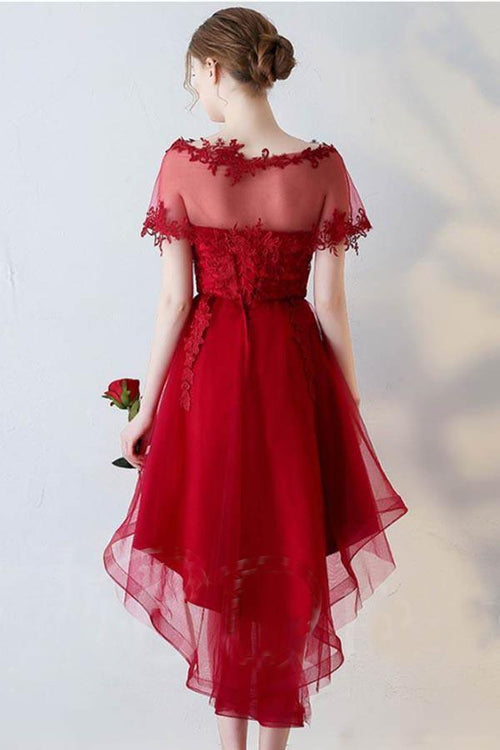 Vestido de fiesta asimétrico con escote en forma de A, mangas cortas y apliques en forma de corazón PD141