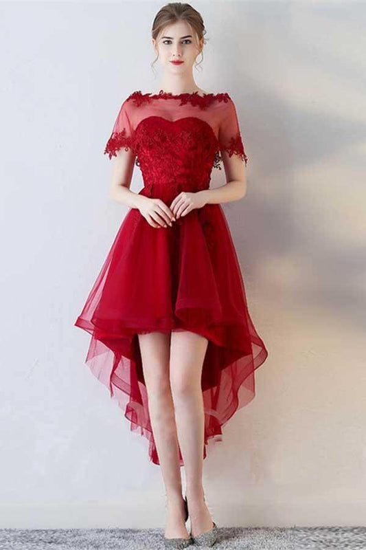 Vestido de fiesta asimétrico con escote en forma de A, mangas cortas y apliques en forma de corazón PD141