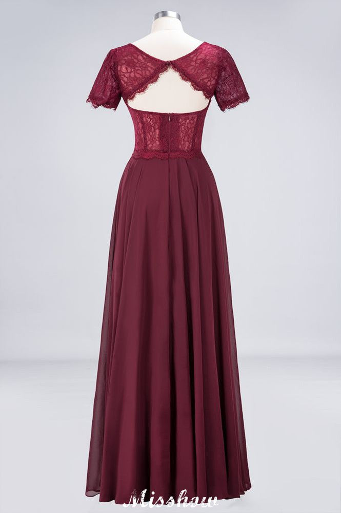 Vestido de dama de honor de gasa con encaje y cuello redondo, corte A, mangas cortas, largo hasta el suelo