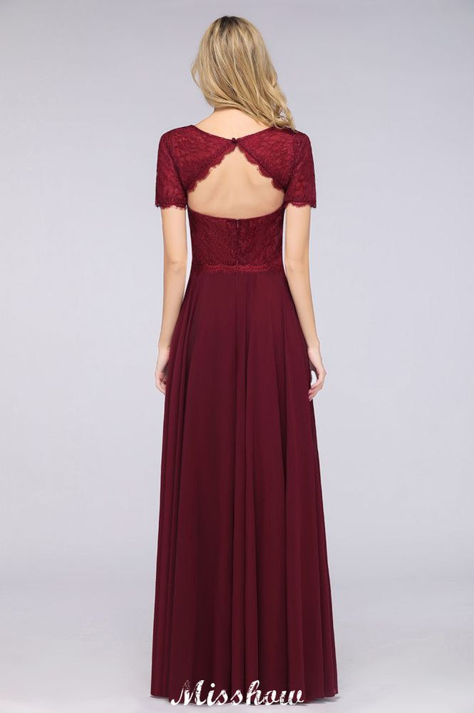 Vestido de dama de honor de gasa con encaje y cuello redondo, corte A, mangas cortas, largo hasta el suelo