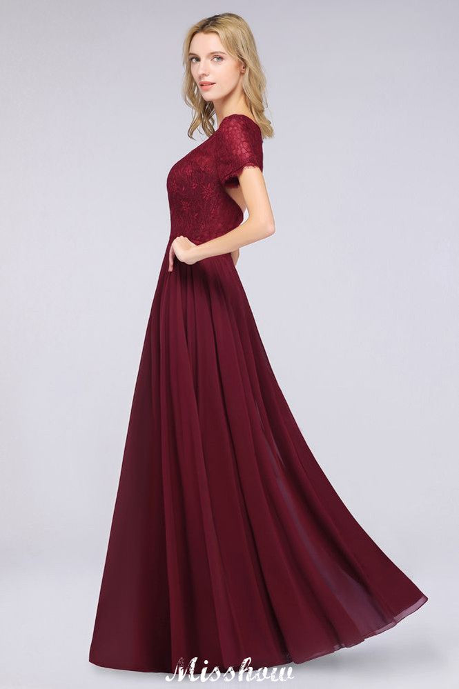 Vestido de dama de honor de gasa con encaje y cuello redondo, corte A, mangas cortas, largo hasta el suelo