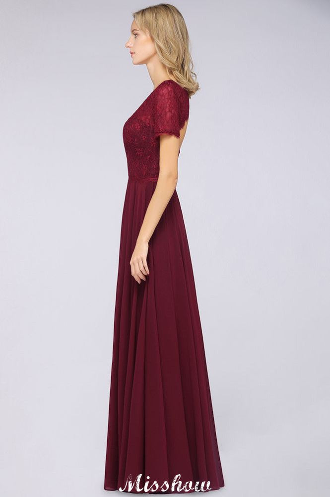 Vestido de dama de honor de gasa con encaje y cuello redondo, corte A, mangas cortas, largo hasta el suelo