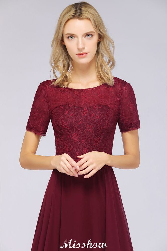 Vestido de dama de honor de gasa con encaje y cuello redondo, corte A, mangas cortas, largo hasta el suelo