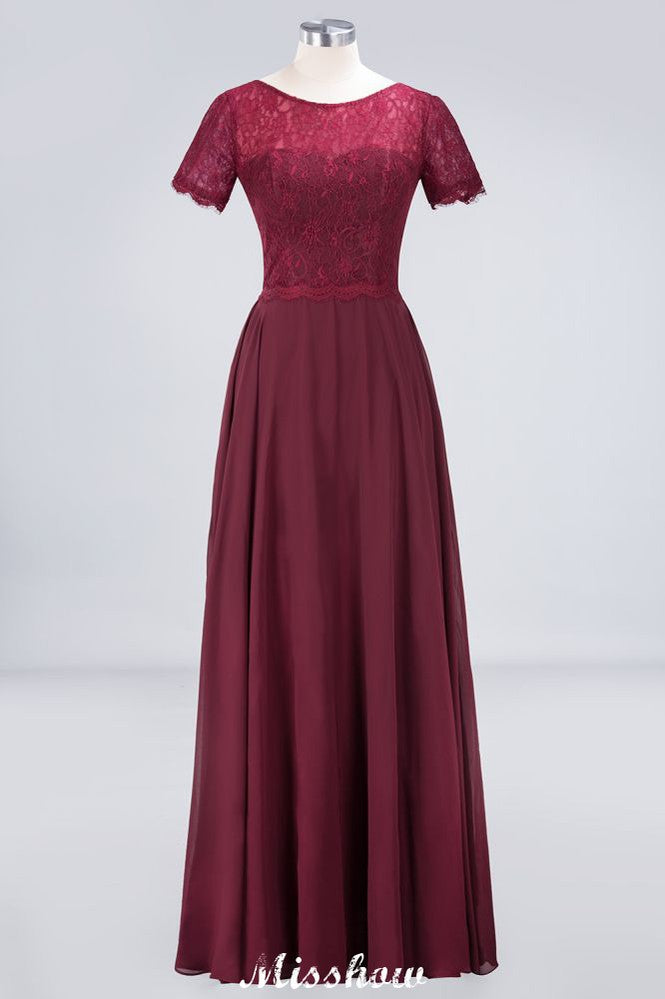 Vestido de dama de honor de gasa con encaje y cuello redondo, corte A, mangas cortas, largo hasta el suelo