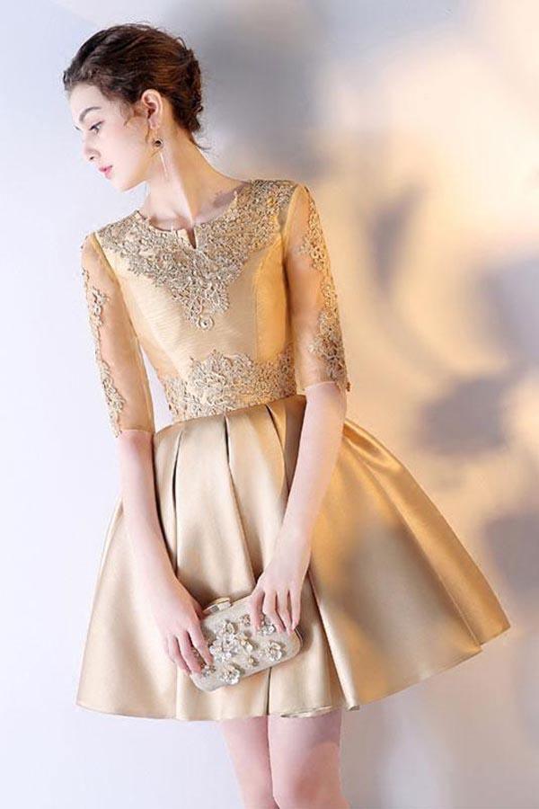 A-Linie Kurze Ärmel Gold Spitze Satin Kurzes Ballkleid Homecoming Kleid PD212