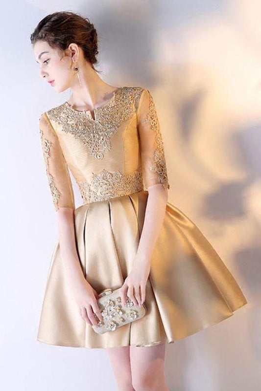 Vestido de fiesta corto de satén con encaje dorado y mangas cortas, corte A, PD212