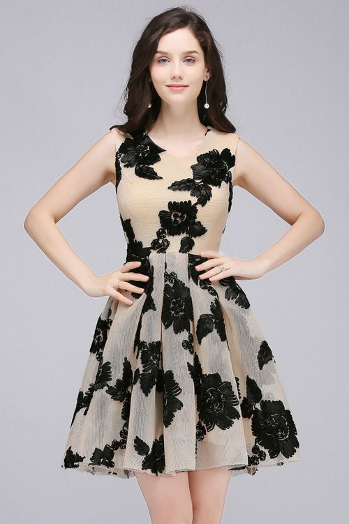 Vestidos de fiesta elegantes de tul color nude, cortos y con flores, corte A