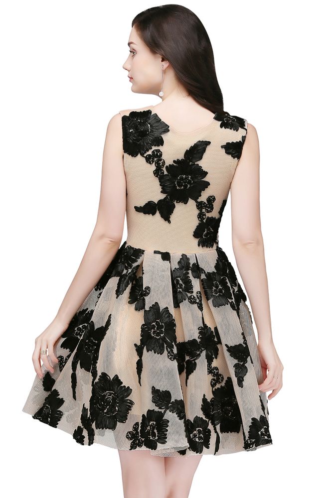 A-line Short Tulle Nude Chic Homecoming Dresses with Flowers