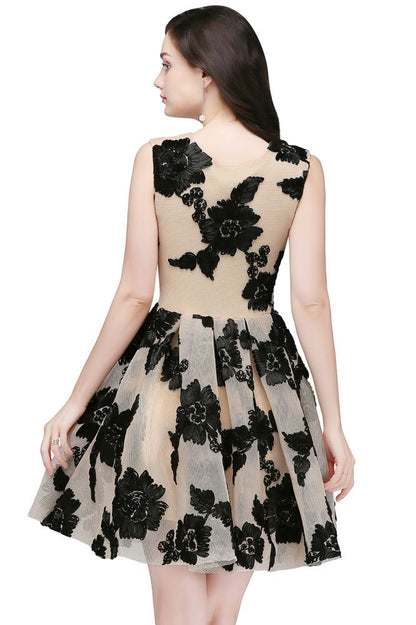Vestidos de fiesta elegantes de tul color nude, cortos y con flores, corte A