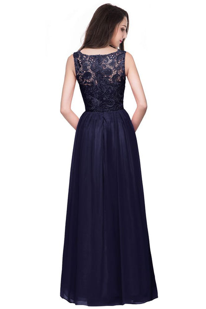 Vestidos de fiesta de gasa con corte A, sin mangas, cuello redondo, largo hasta el suelo y parte superior de encaje