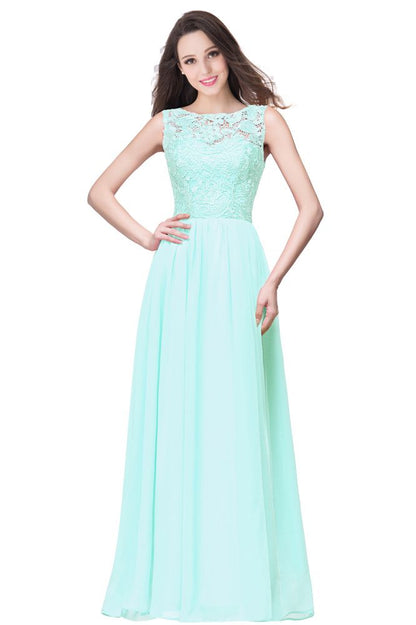 Vestidos de fiesta de gasa con corte A, sin mangas, cuello redondo, largo hasta el suelo y parte superior de encaje