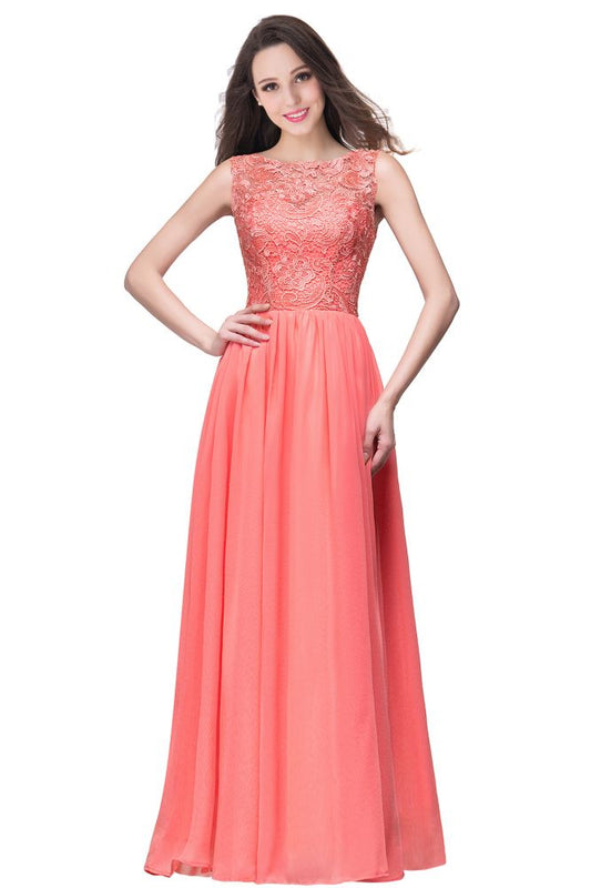 Vestidos de fiesta de gasa con corte A, sin mangas, cuello redondo, largo hasta el suelo y parte superior de encaje