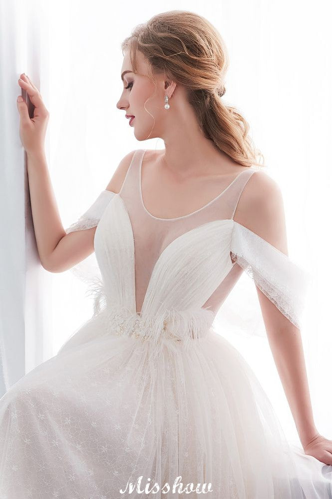A-Linie Ärmelloses Bodenlanges Elfenbein Spitzen-Brautkleid