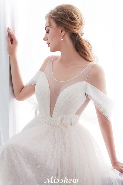 A-Linie Ärmelloses Bodenlanges Elfenbein Spitzen-Brautkleid