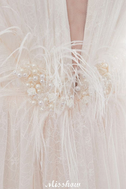 A-Linie Ärmelloses Bodenlanges Elfenbein Spitzen-Brautkleid