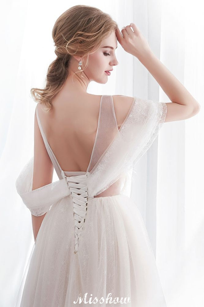 A-Linie Ärmelloses Bodenlanges Elfenbein Spitzen-Brautkleid