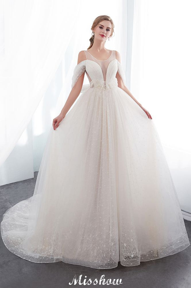 A-Linie Ärmelloses Bodenlanges Elfenbein Spitzen-Brautkleid