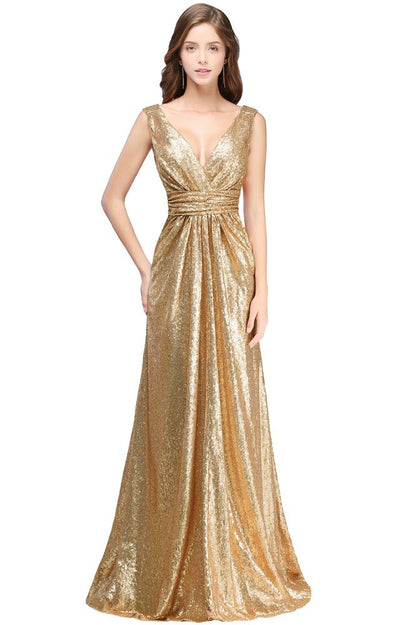 Vestidos de fiesta con lentejuelas, corte A, sin mangas, hasta el suelo, escote en V