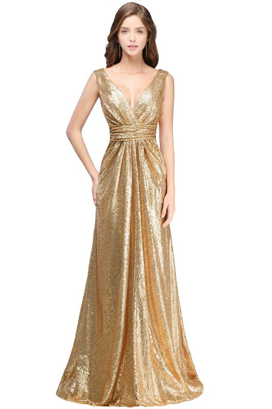 Vestidos de fiesta con lentejuelas, corte A, sin mangas, hasta el suelo, escote en V