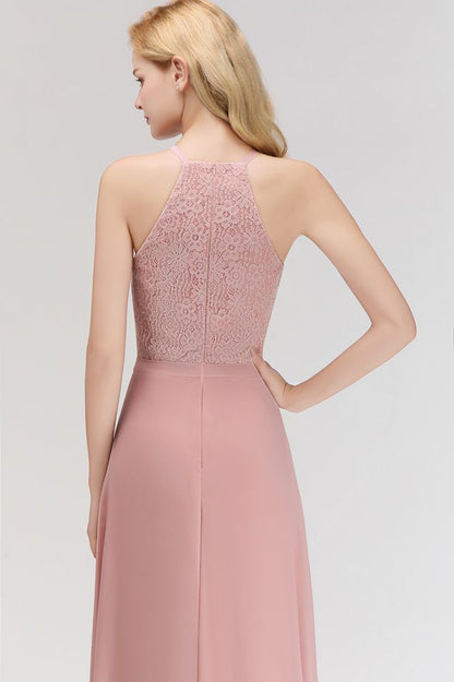 A-Linie Ärmellos Neckholder Langes Chiffon Brautjungfernkleid aus Spitze