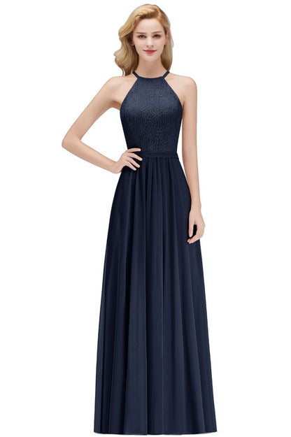 A-Linie Ärmellos Neckholder Langes Chiffon Brautjungfernkleid aus Spitze