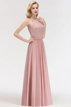 Vestido de dama de honor largo de gasa con encaje y cuello halter sin mangas y corte A