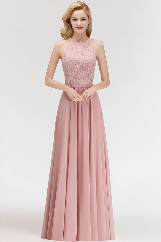 Vestido de dama de honor largo de gasa con encaje y cuello halter sin mangas y corte A