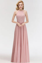 Vestido de dama de honor largo de gasa con encaje y cuello halter sin mangas y corte A