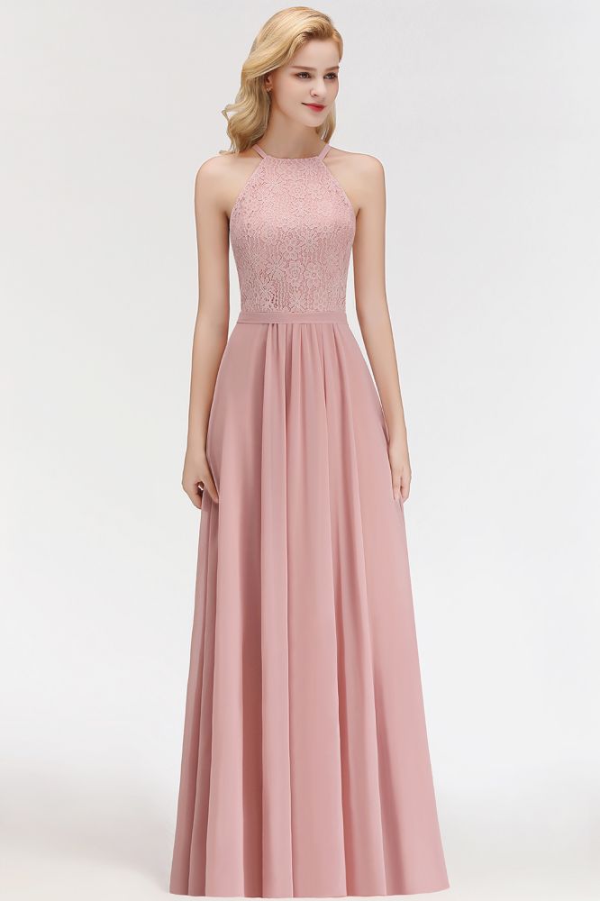 Vestido de dama de honor largo de gasa con encaje y cuello halter sin mangas y corte A