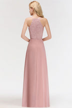 Vestido de dama de honor largo de gasa con encaje y cuello halter sin mangas y corte A