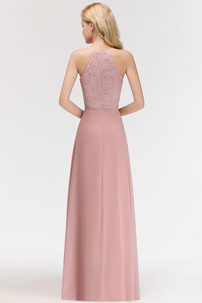 Vestido de dama de honor largo de gasa con encaje y cuello halter sin mangas y corte A
