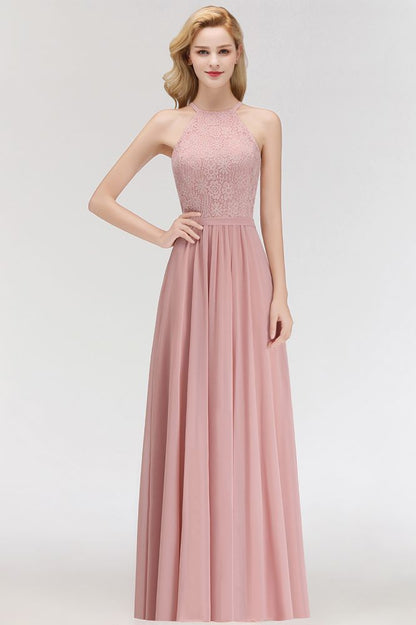 A-Linie Ärmellos Neckholder Langes Chiffon Brautjungfernkleid aus Spitze