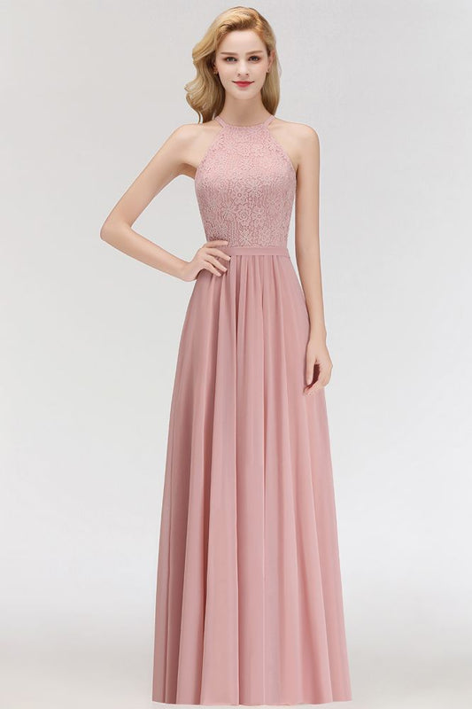 Vestido de dama de honor largo de gasa con encaje y cuello halter sin mangas y corte A