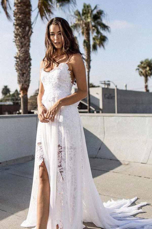 Vestido de novia de gasa con encaje blanco y tirantes finos, corte A, para boda en la playa, WD290
