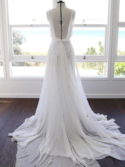 A-Linie Spaghettiträger Weiß Spitze Chiffon Strand Hochzeit Brautkleider WD290