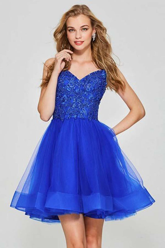 Vestido corto de fiesta de tul con tirantes finos, apliques y cuentas, corte A, PD045