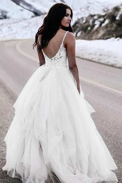 A-Linie Spaghettiträger Asymmetrisches Brautkleid mit Spitze WD236
