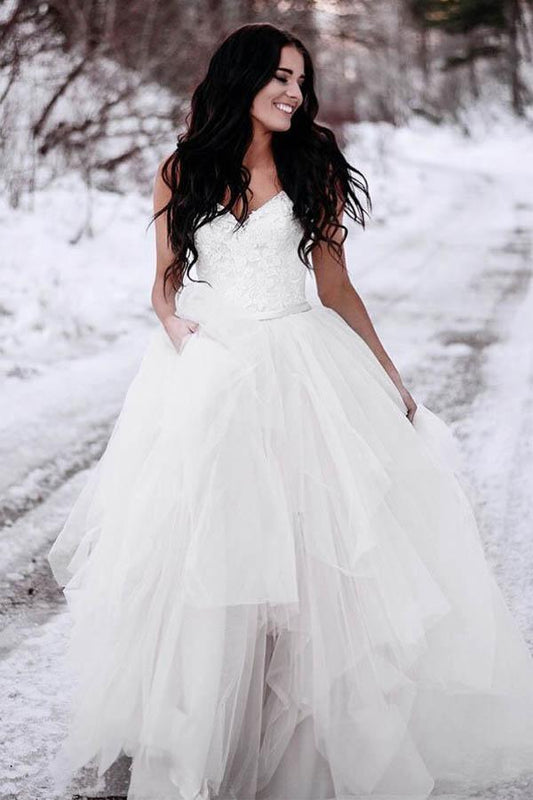 A-Linie Spaghettiträger Asymmetrisches Brautkleid mit Spitze WD236